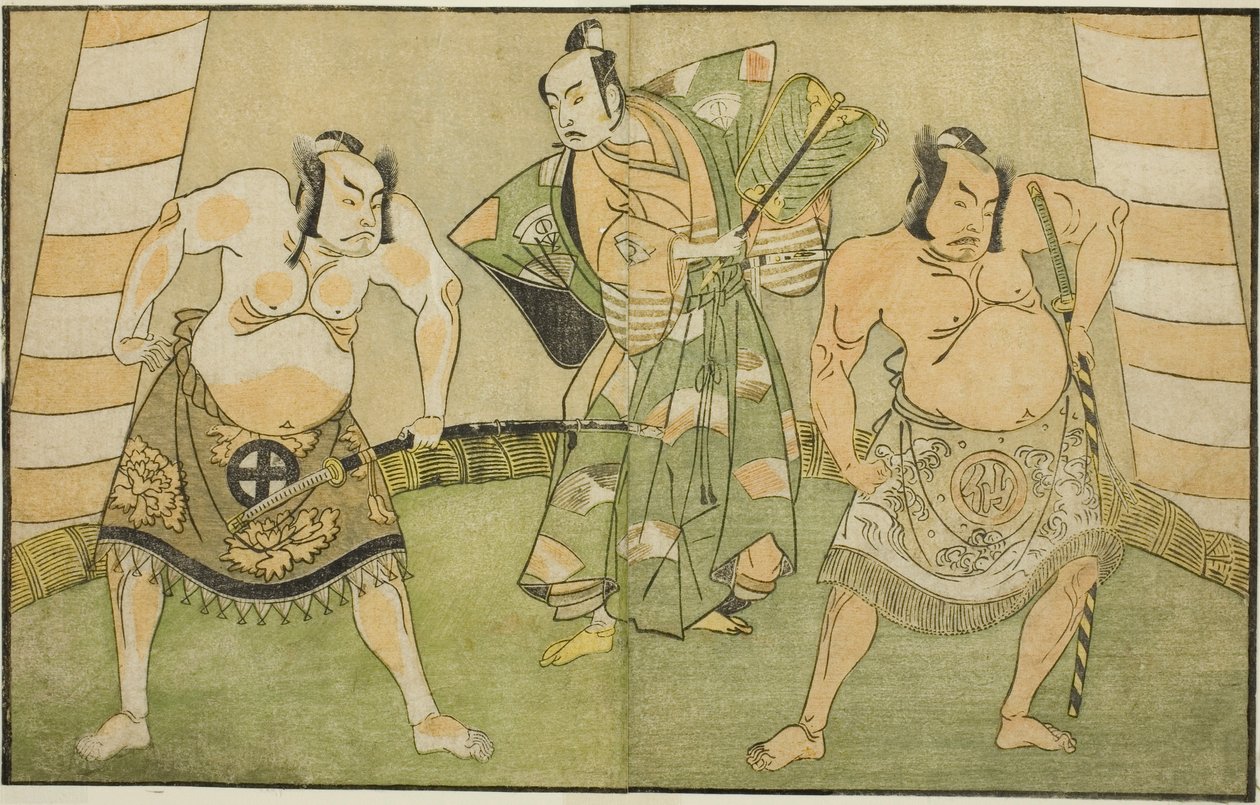Aktorzy Nakamura Sukegoro II jako Matano no Goro (po prawej), Onoe Kikugoro I jako Soga no Taro (w środku) i Otani Hiroji III jako Kawazu no Saburo (po lewej), w przedstawieniu Myoto-giku Izu no Kisewata, wykonywane w Ichimura Teatr w jedenastym miesiącu,  autorstwa Katsukawa Shunsho