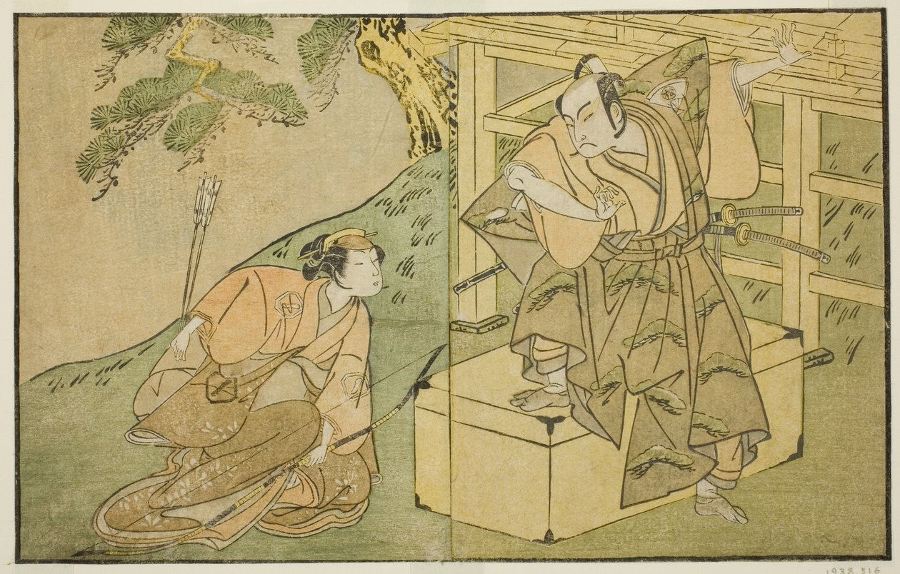Aktorzy Onoe Matsusuke I jako Akaboshi Taro (po prawej) i Azuma Tozo II jako Shirotae (po lewej), w sztuce Kono Hana Yotsugi no Hachi no Ki, wystawionej w Teatrze Ichimura w jedenastym miesiącu 1771 autorstwa Katsukawa Shunsho