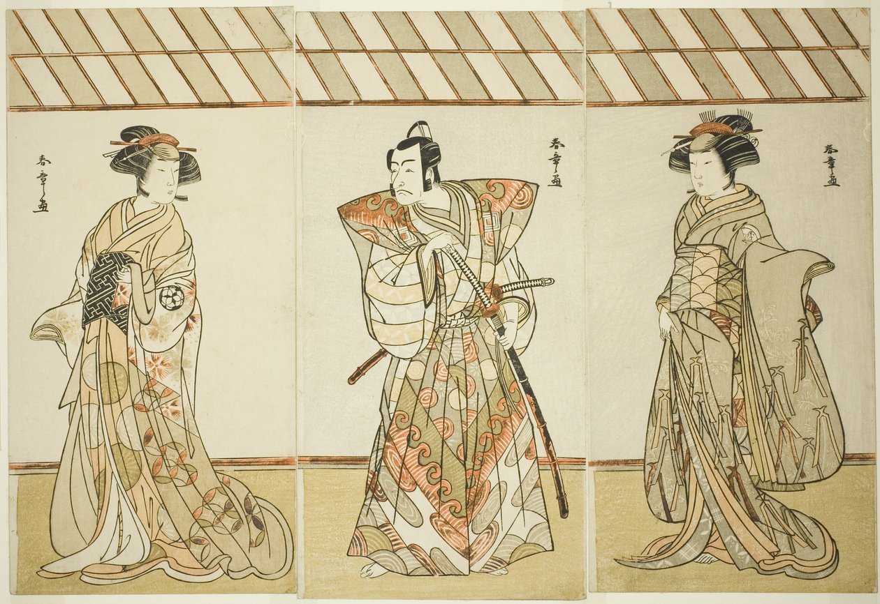 Aktorzy Onoe Tamizo I jako Nishikigi (?) lub Otae (?) (po prawej), Ichikawa Danjuro V jako Miura Heidayu Kunitae (?) (w środku) i Osagawa Tsuneyo II jako Oyuki (?) (po lewej), w Dacie odtwarzania Nishiki Tsui no Yumitori (?), Wystąpił w Teatrze Morita (?)  autorstwa Katsukawa Shunsho