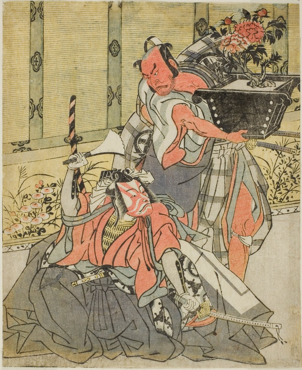 Aktorzy Otani Hiroemon III jako Shinagawa Okaminosuke (po prawej) i Ichikawa Danjuro V jako Arashishi Otokonosuke (po lewej) w sztuce Fuki Kaete Tsuki mo Yoshiwara (Księżyc kryte strzechą również świeci nad Yoshiwara Pleasure District), zagrali w autorstwa Katsukawa Shunsho