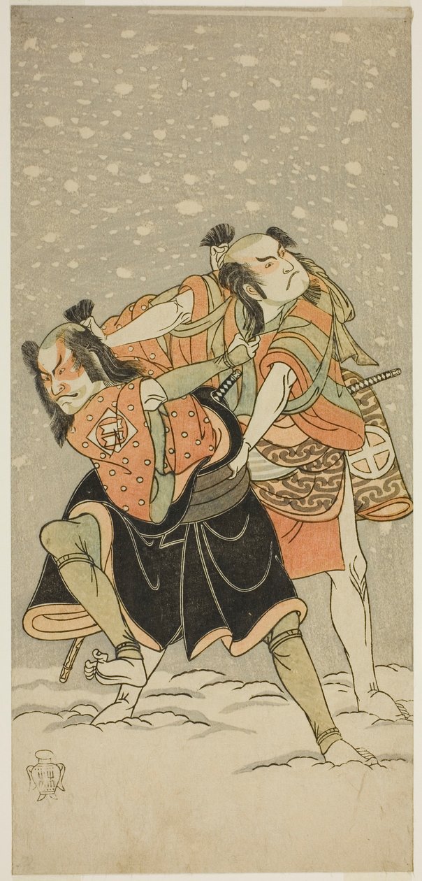 Aktorzy Otani Hiroji III jako Kameo (po prawej) i Sakata Sajuro I jako Ario (po lewej), w sztuce Hime Komatsu Ne no Hi Asobi, wystawionej w Teatrze Ichimura w dziewiątym miesiącu, 1768 autorstwa Katsukawa Shunsho