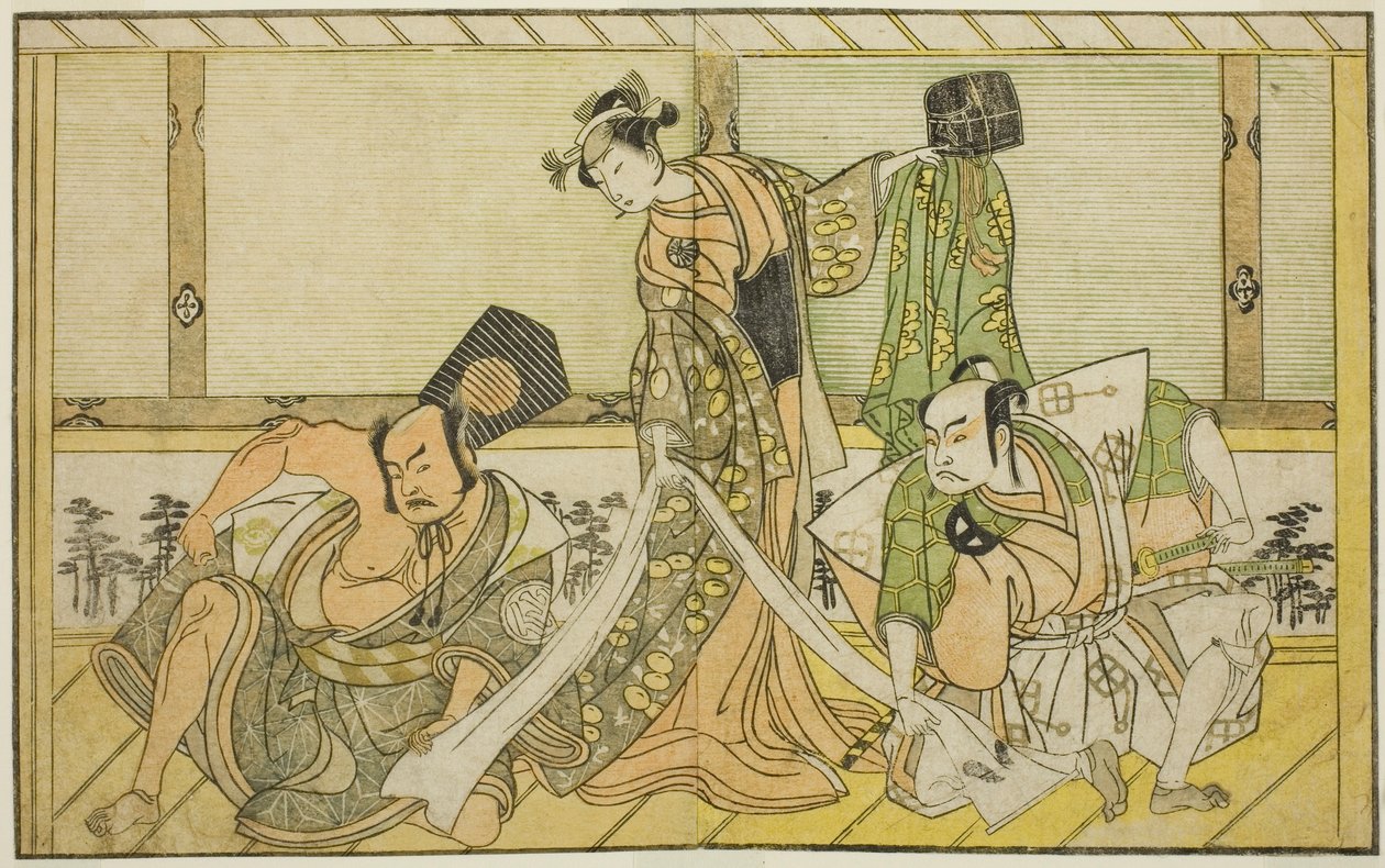 Aktorzy Otani Hiroji III jako Kawazu no Saburo (po prawej), Segawa Kikunojo II jako księżniczka Tatsu (Tatsu Hime) (w środku) i Nakamura Sukegoro II jako Matano no Goro (po lewej), w Play Myoto-giku Izu no Kisewata, Wystąpiono w Teatrze Ichimura w Eleven autorstwa Katsukawa Shunsho