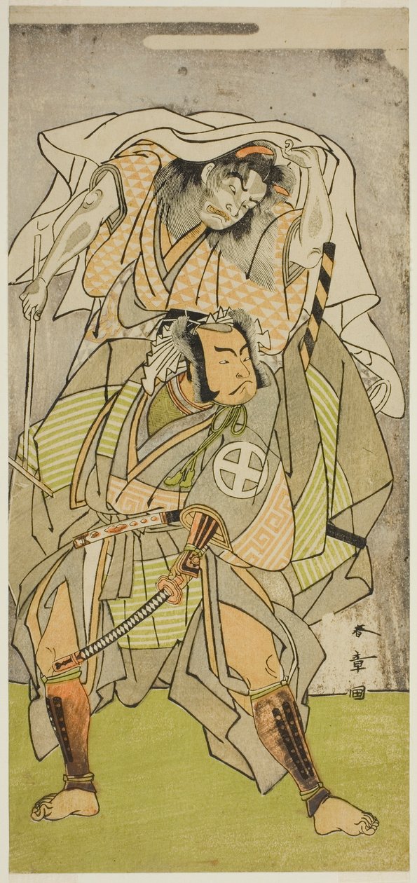 Aktorzy Otani Hiroji III jako Koga Saburo i Ichimura Uzaemon IX jako Diabeł Kogakeyama, Duch Wakasa no Zenji Yasumura, w sztuce Kono Hana Yotsugi no Hachi no Ki, wystawionej w Teatrze Ichimura w jedenastym miesiącu 1771 autorstwa Katsukawa Shunsho