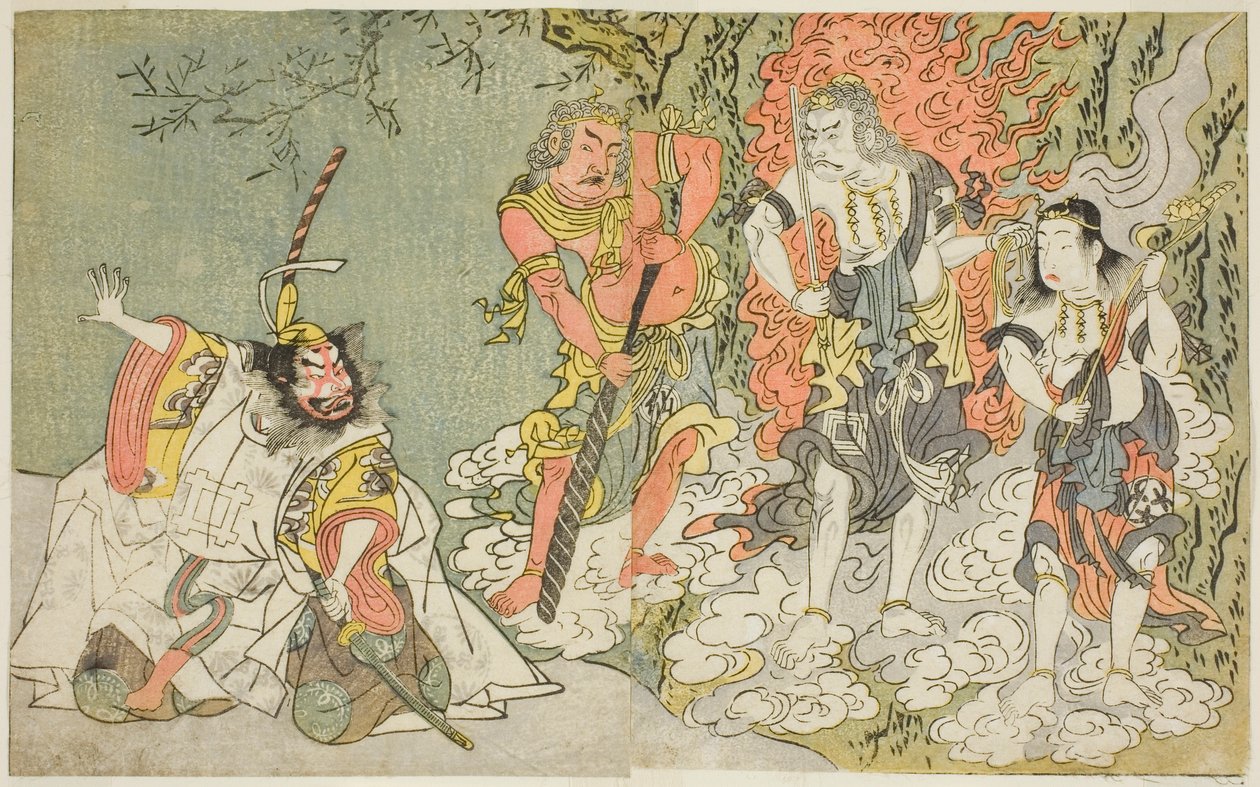 Aktorzy Sawamura Kijuro I jako Ikazuchi Shinno, Prince of Thunder (z lewej), Ichikawa Danjuro V jako buddyjskie bóstwo Fudo (drugi od lewej), Nakamura Sukegoro II jako Seitaka Doji (drugi od prawej) i Bando Mitsugoro I jako Kongara Doji (z prawej strony),  autorstwa Katsukawa Shunsho