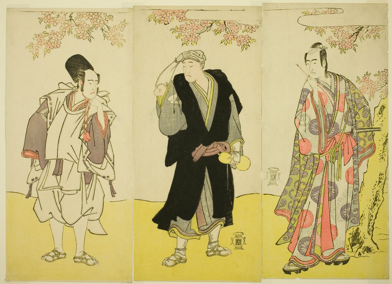 Aktorzy Sawamura Sojuro III jako Kusunoki Tatewaki Masatsura (po prawej), Onoe Matsusuke I jako mnich Sahei Bozu (w środku) i Ichikawa Yaozo III jako sługa księcia Kusunoki Uraminosuke (po lewej) w sztuce "Kumoi no Hana Yoshino no Wakamusha" wystawianej w  autorstwa Katsukawa Shunsho