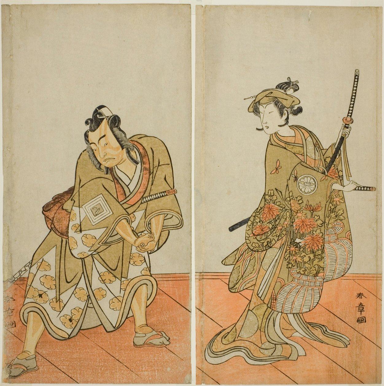 The Actors Segawa Kikunojo III as Aigo no Waka (right), and Ichikawa Yaozo II as Hachio-maru Aratora (left), in the Play Chigo Sakura Jusan Kane, Performed at the Ichimura Theater in the Eleventh Month, 1774 autorstwa Katsukawa Shunsho