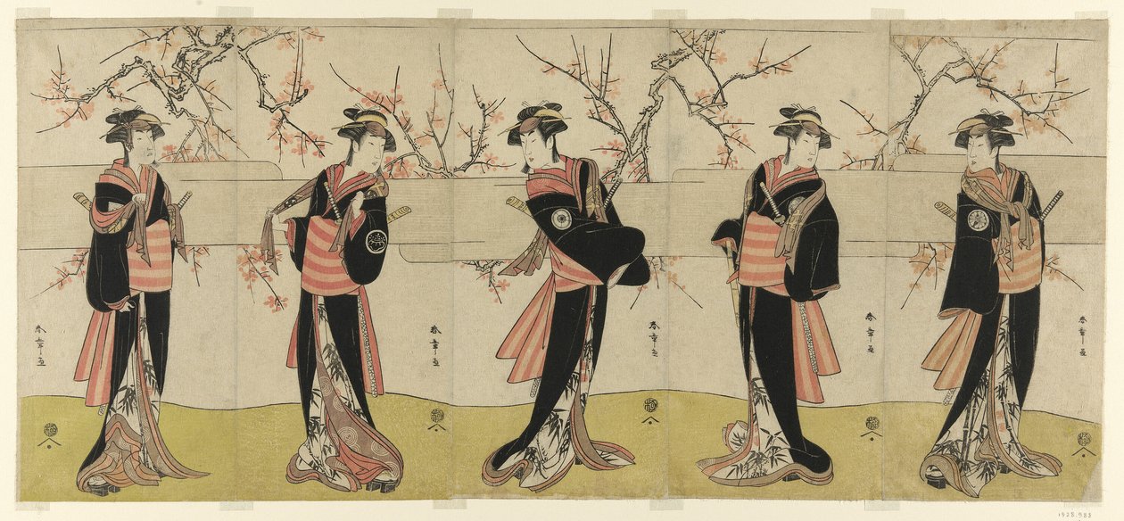 Aktorzy Segawa Kikunojo III jako Karigane Obun, Nakayama Tomisaburo I jako An no Oyasu, Iwai Kiyotaro II jako Kaminari no Osha, Nakayama Tatezo I jako Gokuin no Osen i Ichikawa Monnosuke II jako Hotei no Oichi (od prawej do lewej), w „Gonin Onna, scena pie autorstwa Katsukawa Shunsho