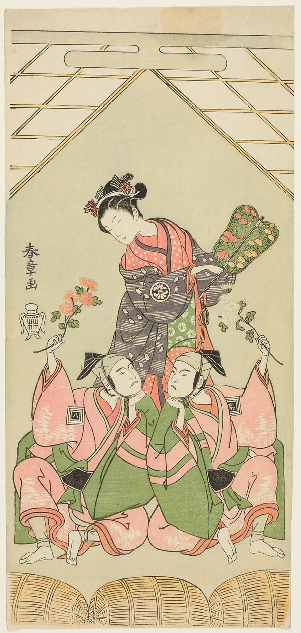 Aktorzy Segawa Kikunojo II jako mamka Reizei, Ichikawa Komazo I jako Suruga no Hachiro w przebraniu gracza Shamisen Kichiroku (po prawej) i Ichikawa Yaozo II jako Tada no Kurando w przebraniu Kichinai nosiciela palankinu ​​(po lewej), w scenie autorstwa Katsukawa Shunsho