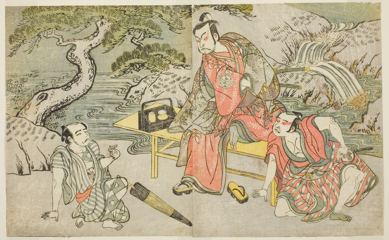 Aktorzy Tomizawa Hanzaburo II jako Nagoya Sanzaemon (często nazywany Sanza) (po prawej), Nakamura Juzo II jako Fuwa Banzaemon (w środku) i Niezidentyfikowany Aktor jako Kieszonkowiec Matsumoto Daishichi (po lewej), w spektaklu Fuki Kaete Tsukimo Yoshiwara, autorstwa Katsukawa Shunsho