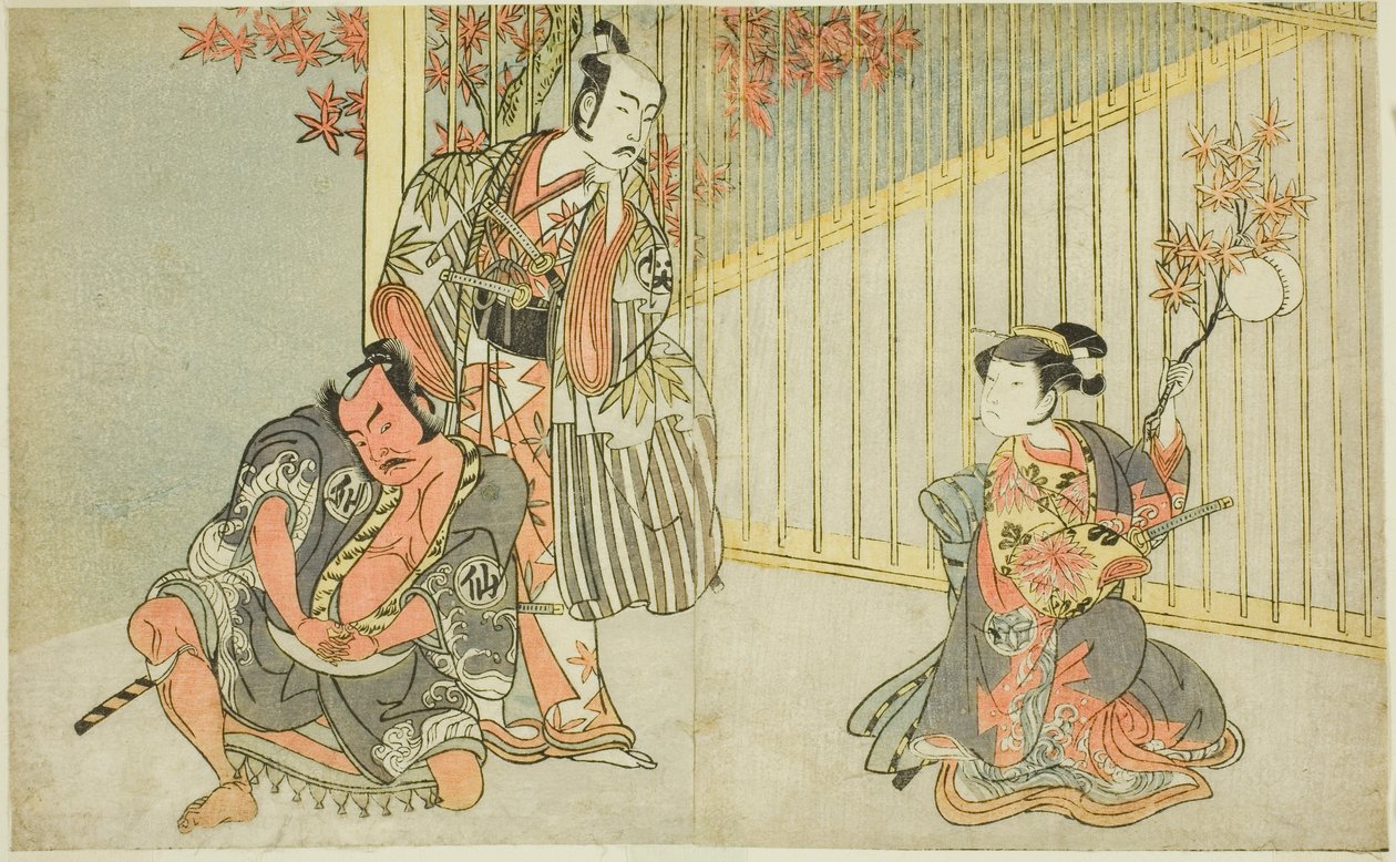 Aktorzy Yamashita Kinsaku II jako Mutsuhana (po prawej), Bando Mitsugoro I jako Kashiwagi no Emon (w środku) i Nakamura Sukegoro II jako Akamatsu Mushanosuke (po lewej), w sztuce Fuki Kaete Tsukimo Yoshiwara (Rachowany dach: Księżyc też świeci) Yoshiw autorstwa Katsukawa Shunsho