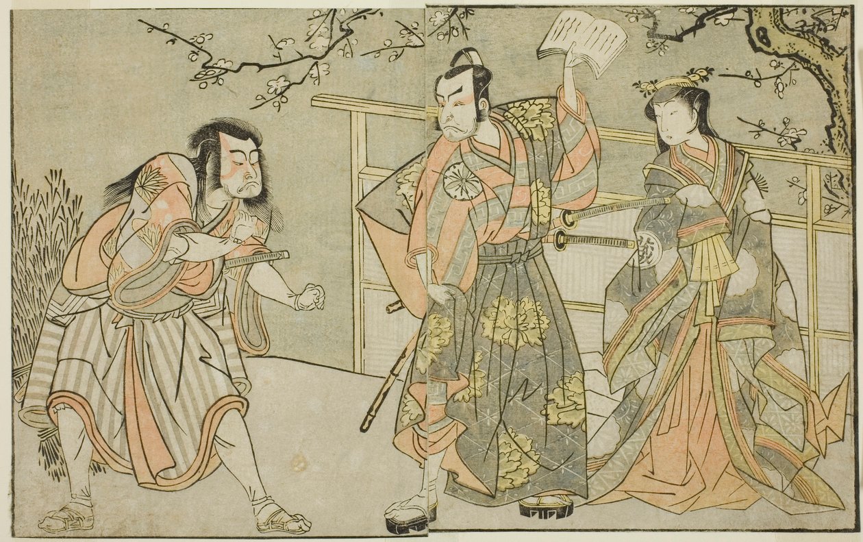Aktorzy Yamashita Yaozo I jako Ono no Komachi (po prawej), Matsumoto Koshiro II jako Godai Saburo (w środku) i Ichikawa Danzo III jako Otomo no Kuronushi (po lewej), w sztuce „Kuni no Hana Ono no Itsumoji”, wystąpili na Teatr Nakamura w jedenastym miesiącu autorstwa Katsukawa Shunsho
