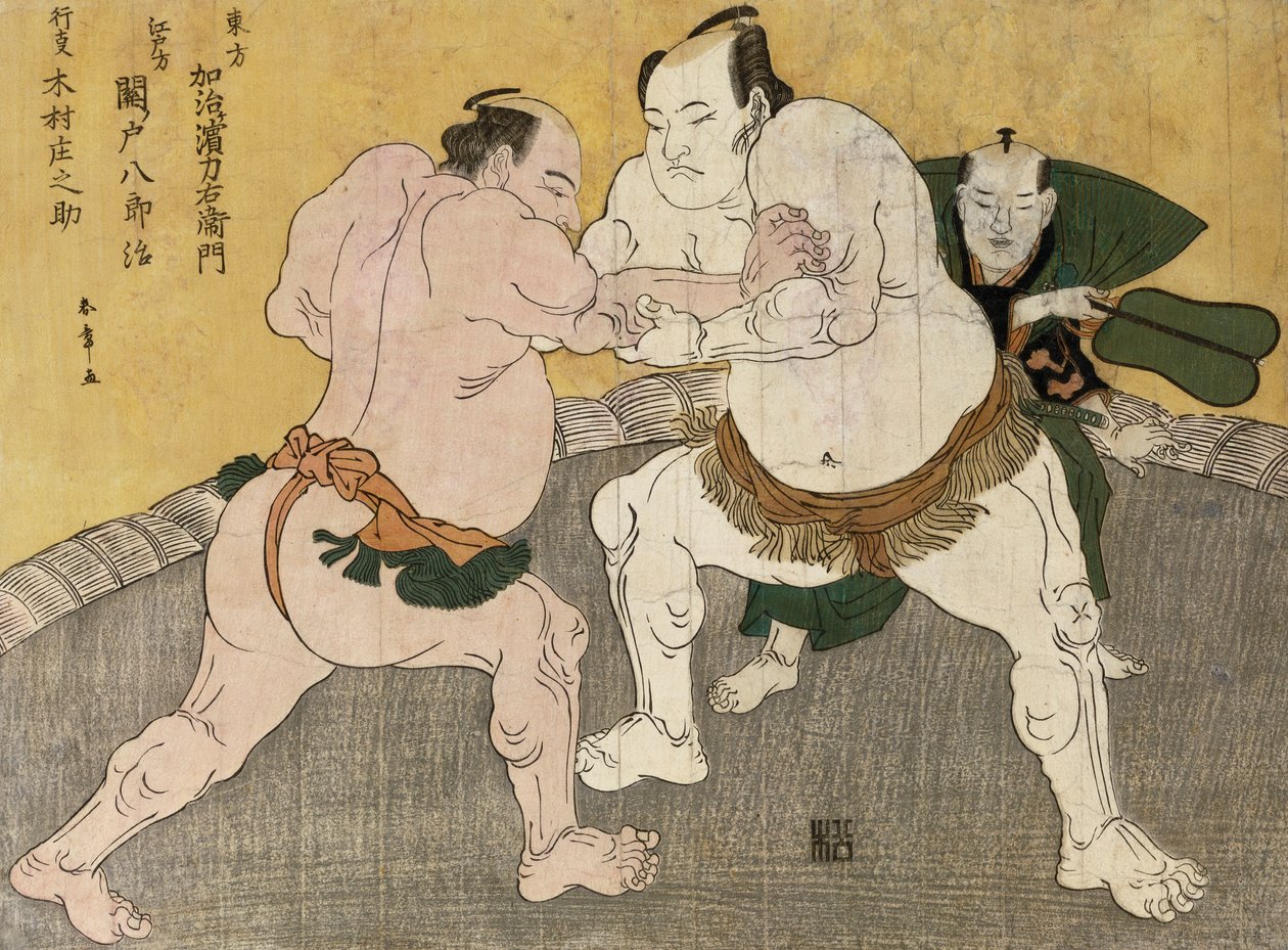 Mecz zapaśniczy Kimenzan Tanigoro i Edogasaki Gemji (kolorowy drzeworyt) autorstwa Katsukawa Shunsho