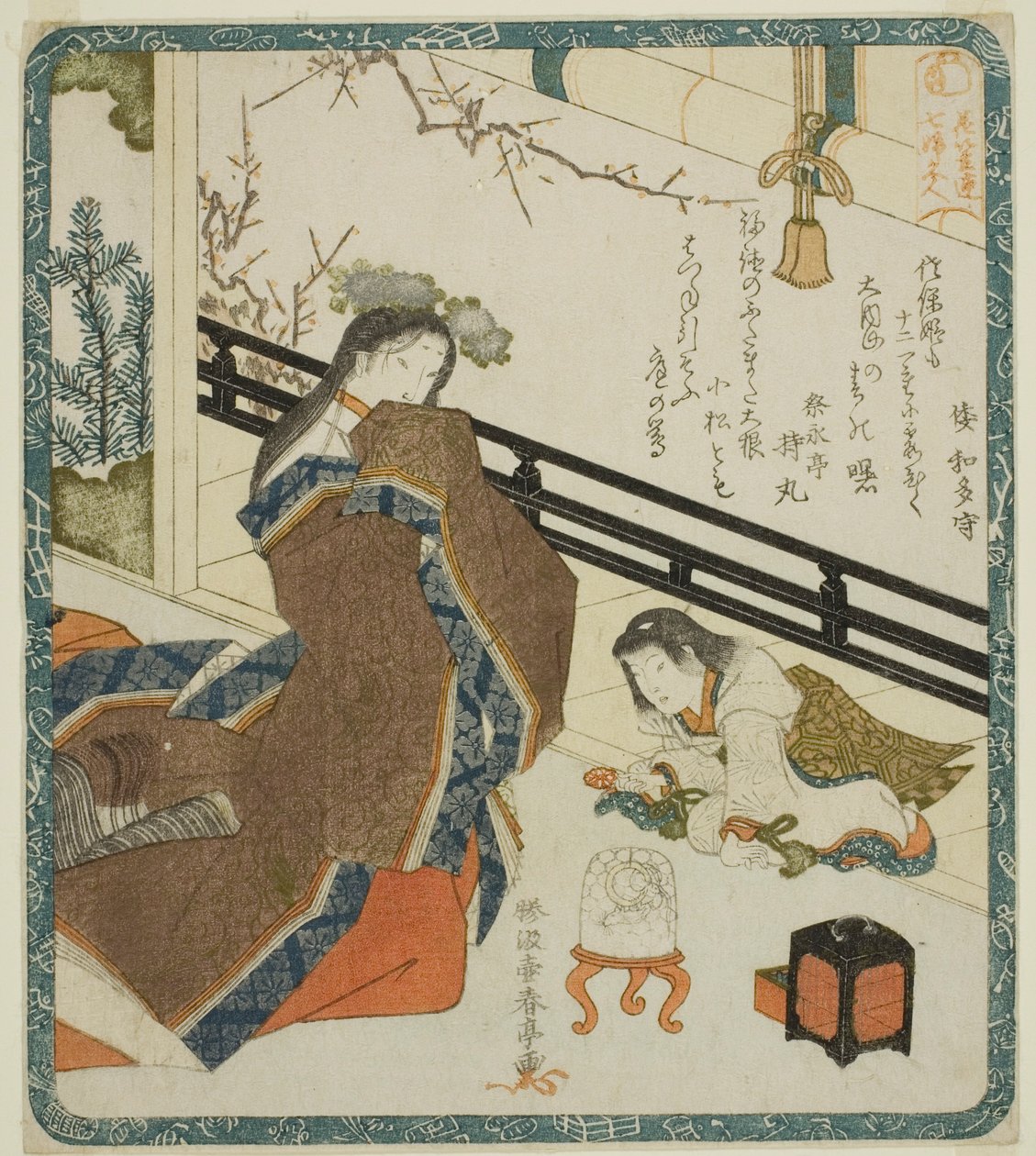 Dama dworu jako Daikoku, z serii „Siedem kobiet jako bogowie szczęścia dla Klubu Poezji Hanagasa (Hanagasaren shichifukujin)” autorstwa Katsukawa Shuntei