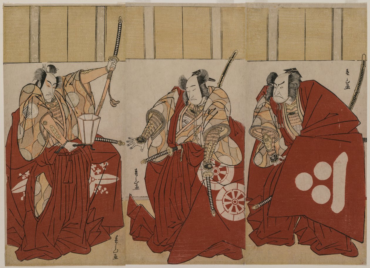 Ichikawa Monnosuke II jako Urabe Suetake, Onoe Matsusuke I jako Usui Sadamitsu i Nakamura Nakazo I jako Watanabe no Tsuna w Czterech Niebiańskich Królach przebranych za Nocną Straż autorstwa Katsukawa Shunzan