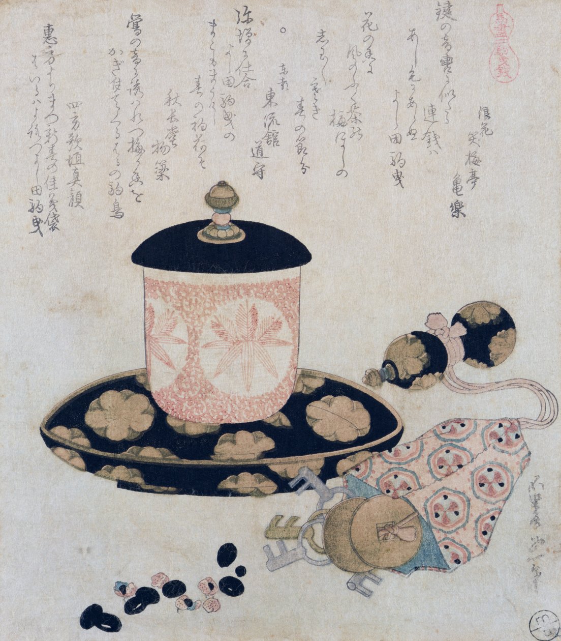 Dzbanek herbaty i klucze, 1822 (kolorowy drzeworyt) autorstwa Katsushika Hokusai