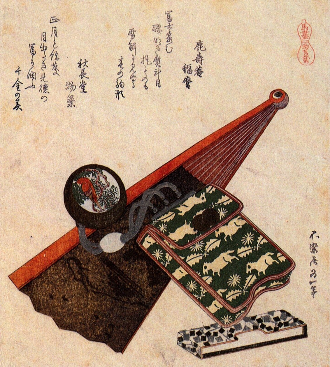 Skórzana sakiewka z kagami Netsuke z częściowo otwartym wachlarzem autorstwa Katsushika Hokusai