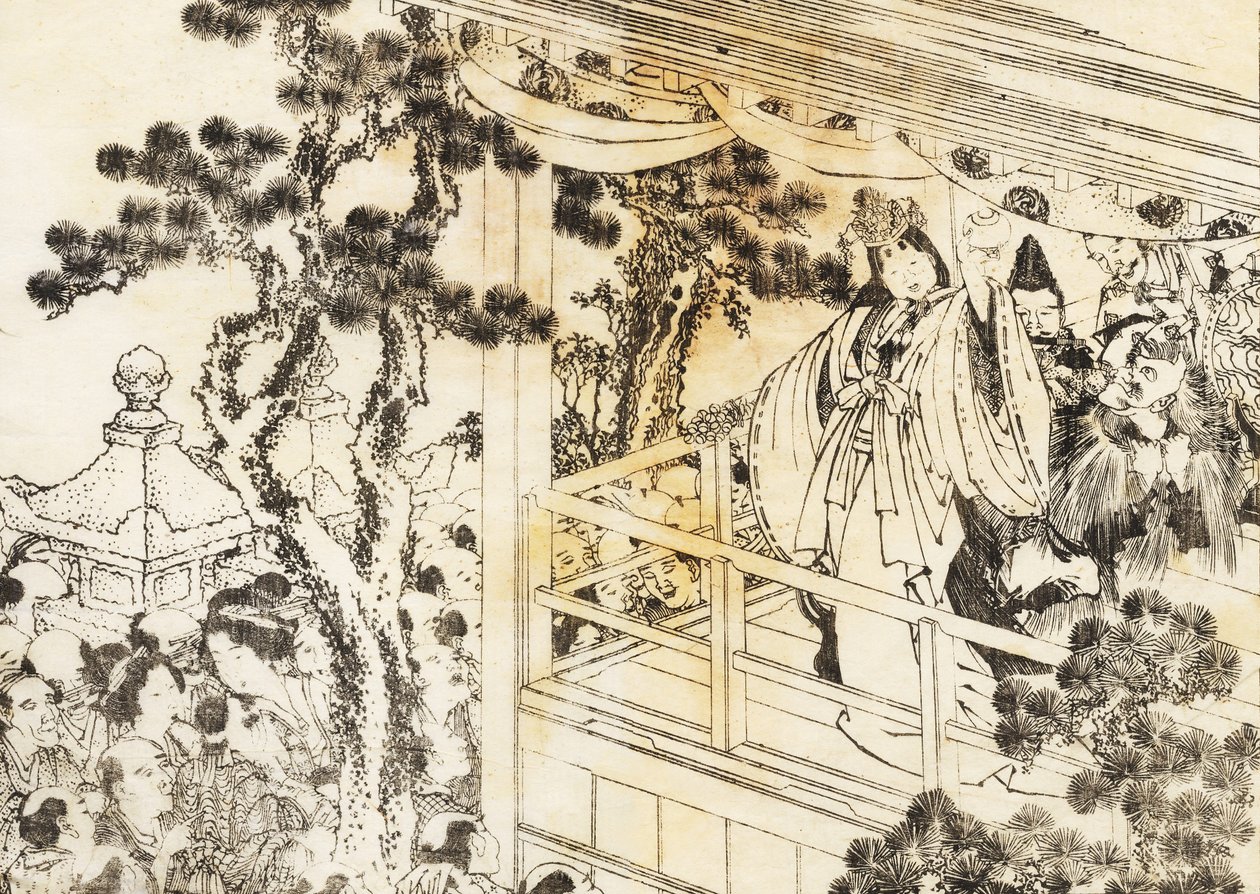 Scena tańca w świątyni shinto autorstwa Katsushika Hokusai