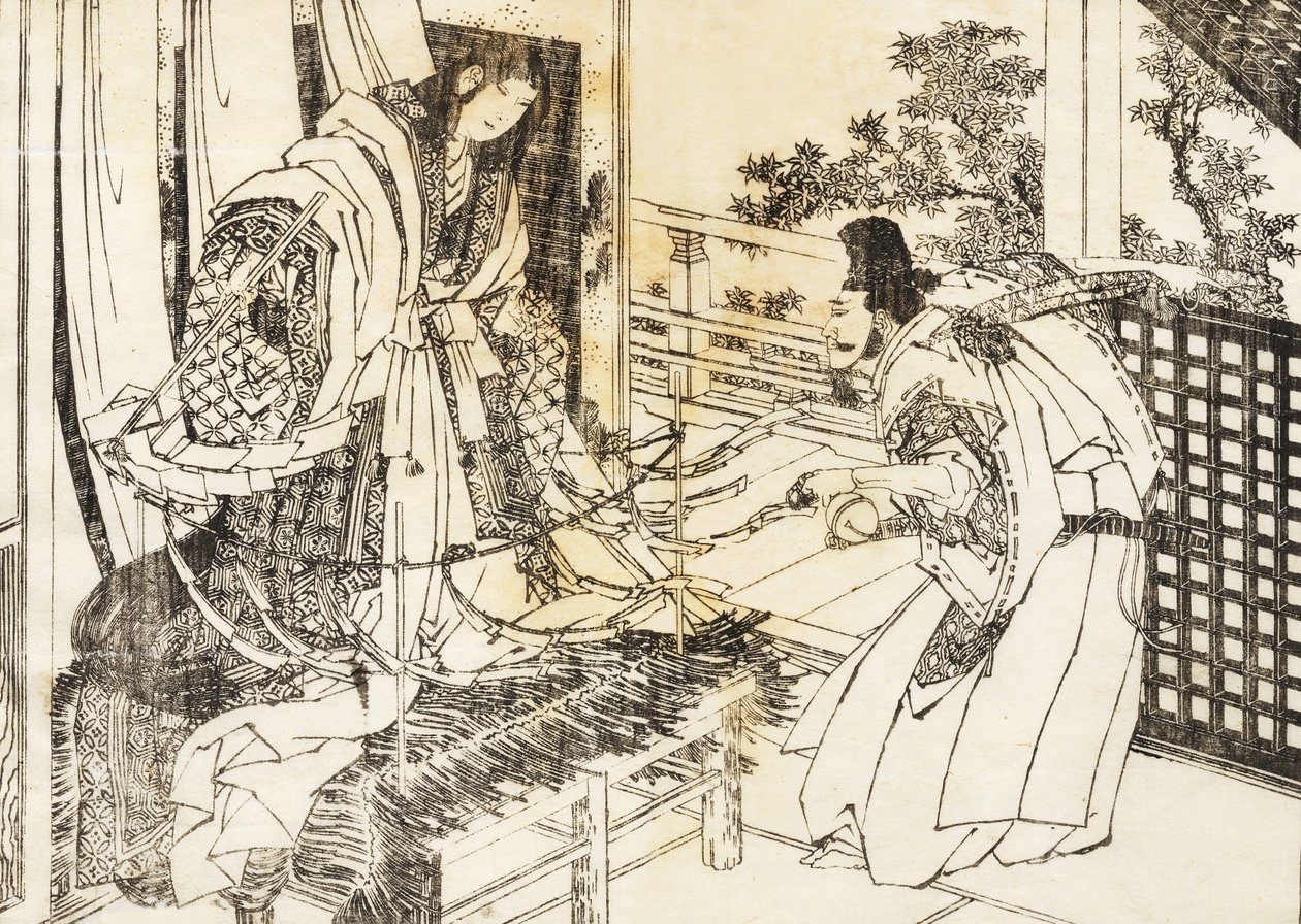 Kobieta w shinto shrine ma kij z mnóstwem papierowych liści autorstwa Katsushika Hokusai