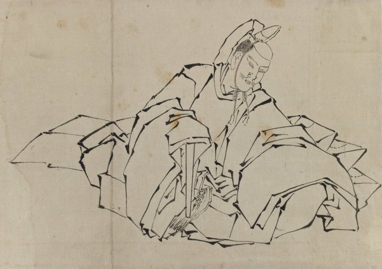 Rysunek siedzącego szlachcica w pełnym stroju autorstwa Katsushika Hokusai