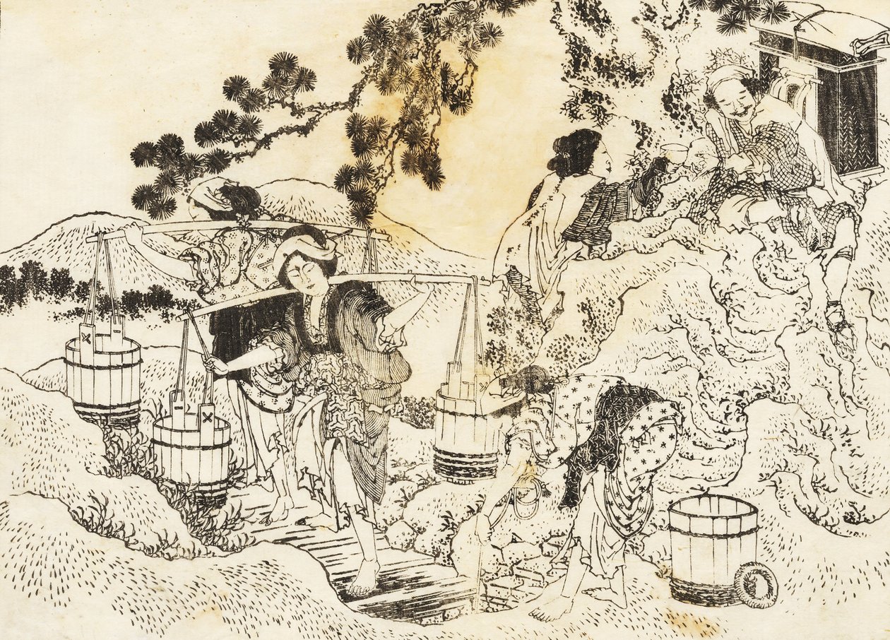 Cztery kobiety bardzo ciężko pracują i niosą kadzie z wodą autorstwa Katsushika Hokusai