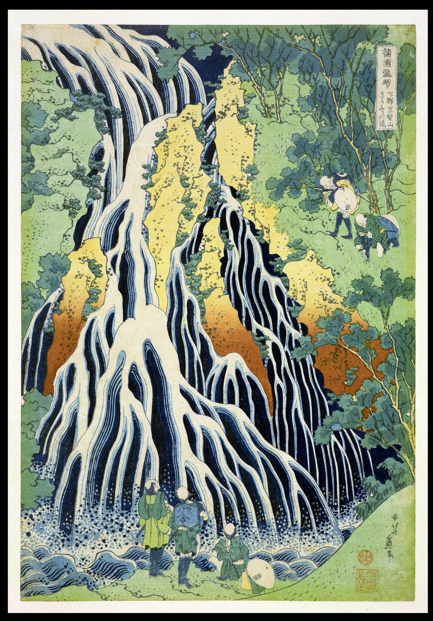 Wodospad Kirifura na górze Kurokawa”, z serii „Podróż do wodospadów wszystkich prowincji” („Shokoku taki meguri”), wyd. Nishimura Eijudo, ok. 1832 (ręcznie kolorowany drzeworyt) autorstwa Katsushika Hokusai