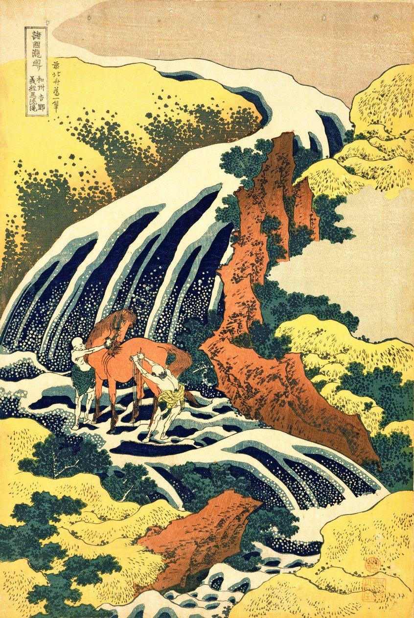 Wodospad, w którym Yoshitsune mył konia”, nr 4 z serii „Podróż do wodospadów wszystkich prowincji”, wyd. Nishimura Eijudo, ok. 1832, (ręcznie barwiony drzeworyt) autorstwa Katsushika Hokusai