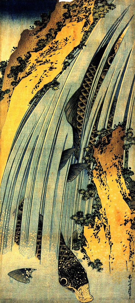 Dwa karpie w kaskadzie autorstwa Katsushika Hokusai