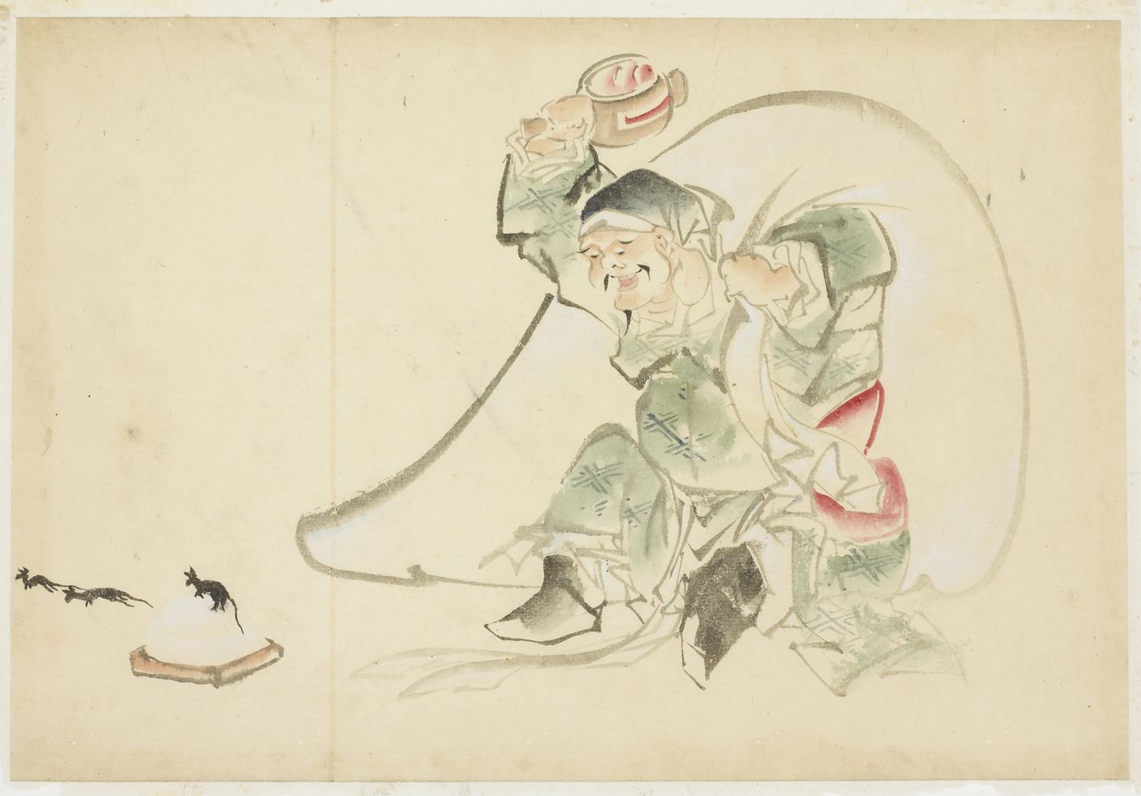 Daikoku, Bóg Szczęścia, ze swoją Magią drewniany młotek autorstwa Katsushika (school of) Hokusai