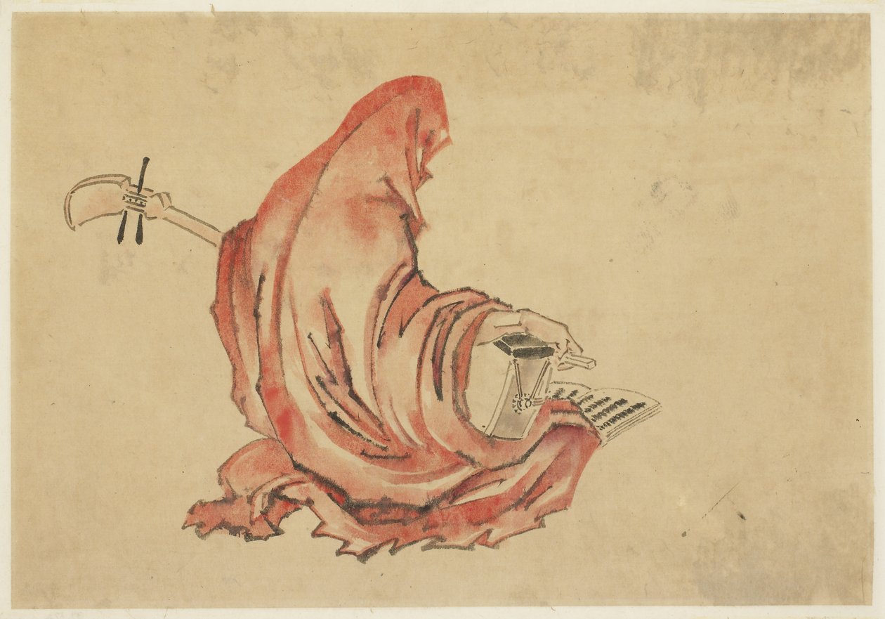 Daruma Playing a Shamisen, c.1815-1849 (tusz i kolor na papierze) autorstwa Katsushika (school of) Hokusai