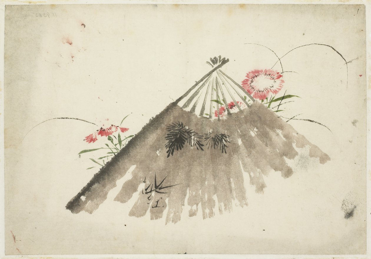 Odrzucony wentylator wśród różów autorstwa Katsushika (school of) Hokusai