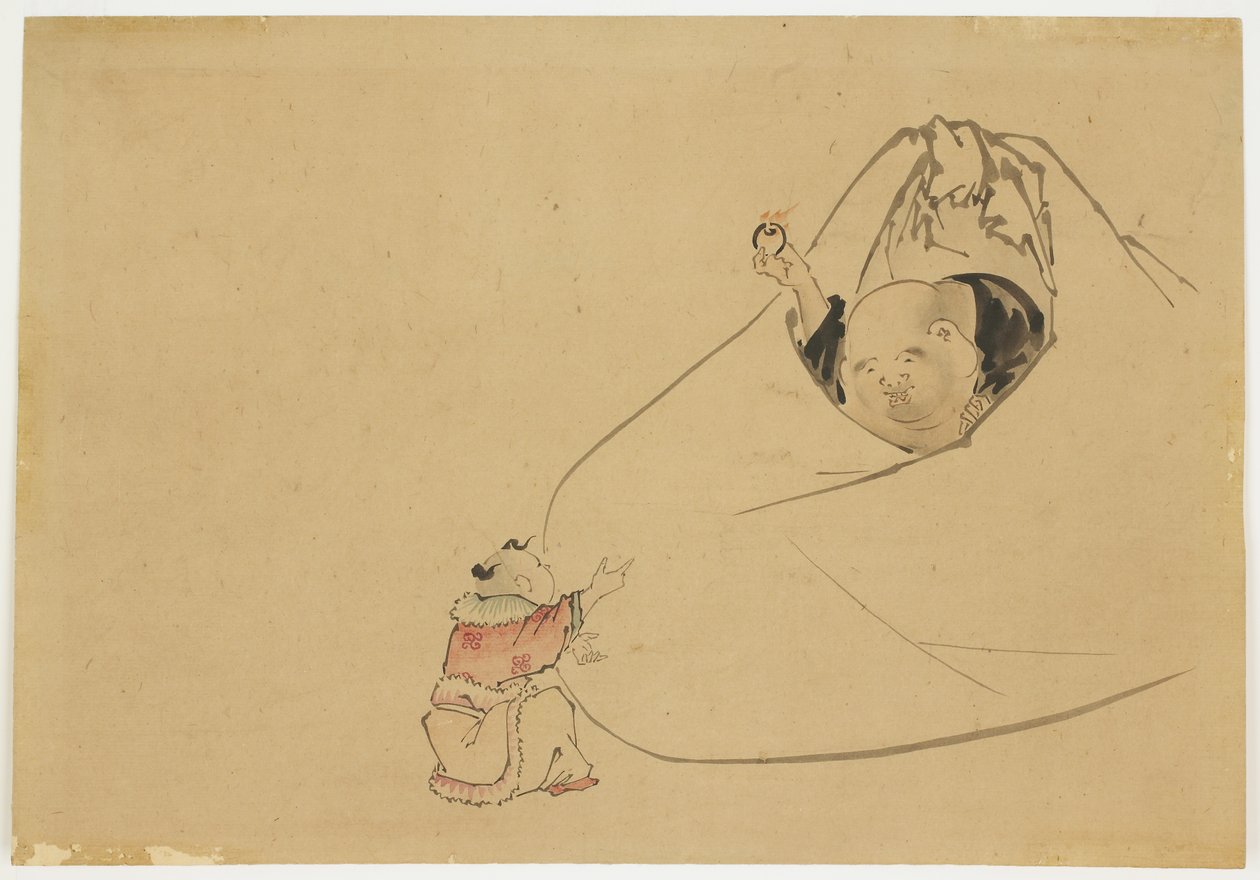 Hotei ofiarowujący płonący klejnot małemu chłopcu, ok. 1850 (tusz i kolor na papierze) autorstwa Katsushika (school of) Hokusai