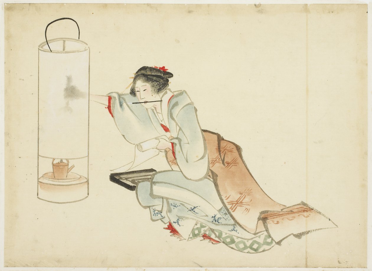 Lady Adjusting a Lamp, c.1815-1849 (tusz i kolor na papierze) autorstwa Katsushika (school of) Hokusai