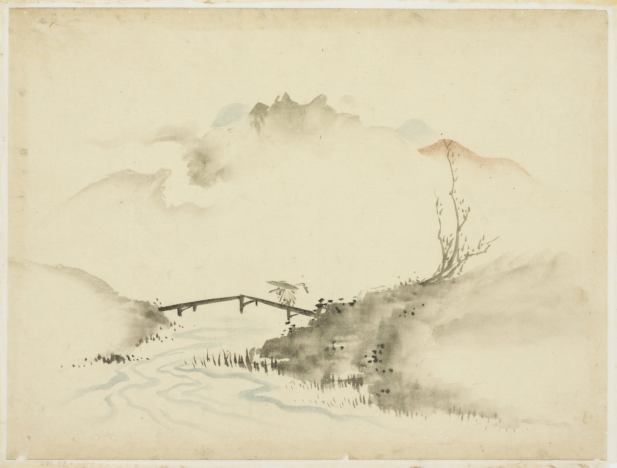 Krajobraz z Farmer Crossing Bridge, 1615-1868 (tusz i kolor na papierze) autorstwa Katsushika (school of) Hokusai