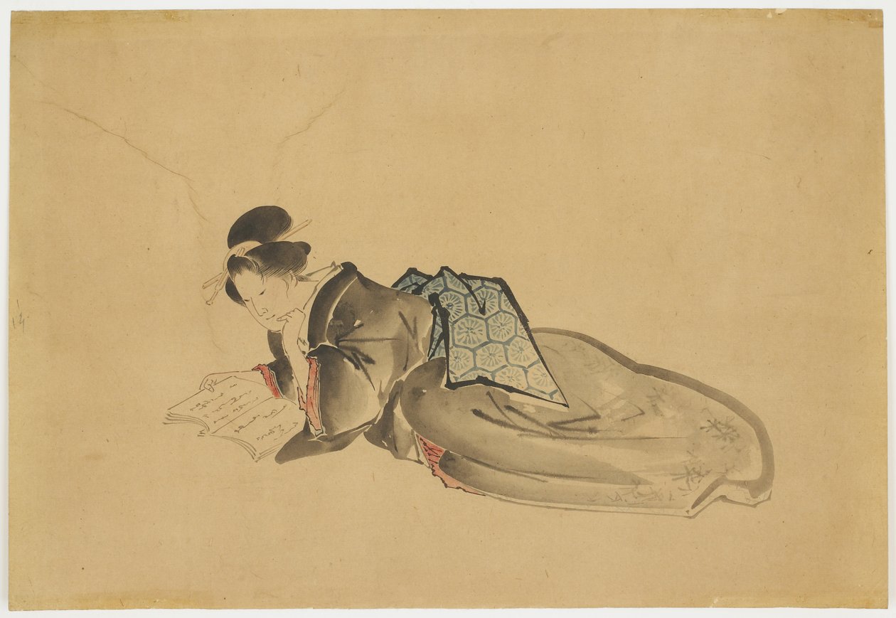 Reclining Courtesan Reading, ok. 1850 (tusz i kolor na papierze) autorstwa Katsushika (school of) Hokusai