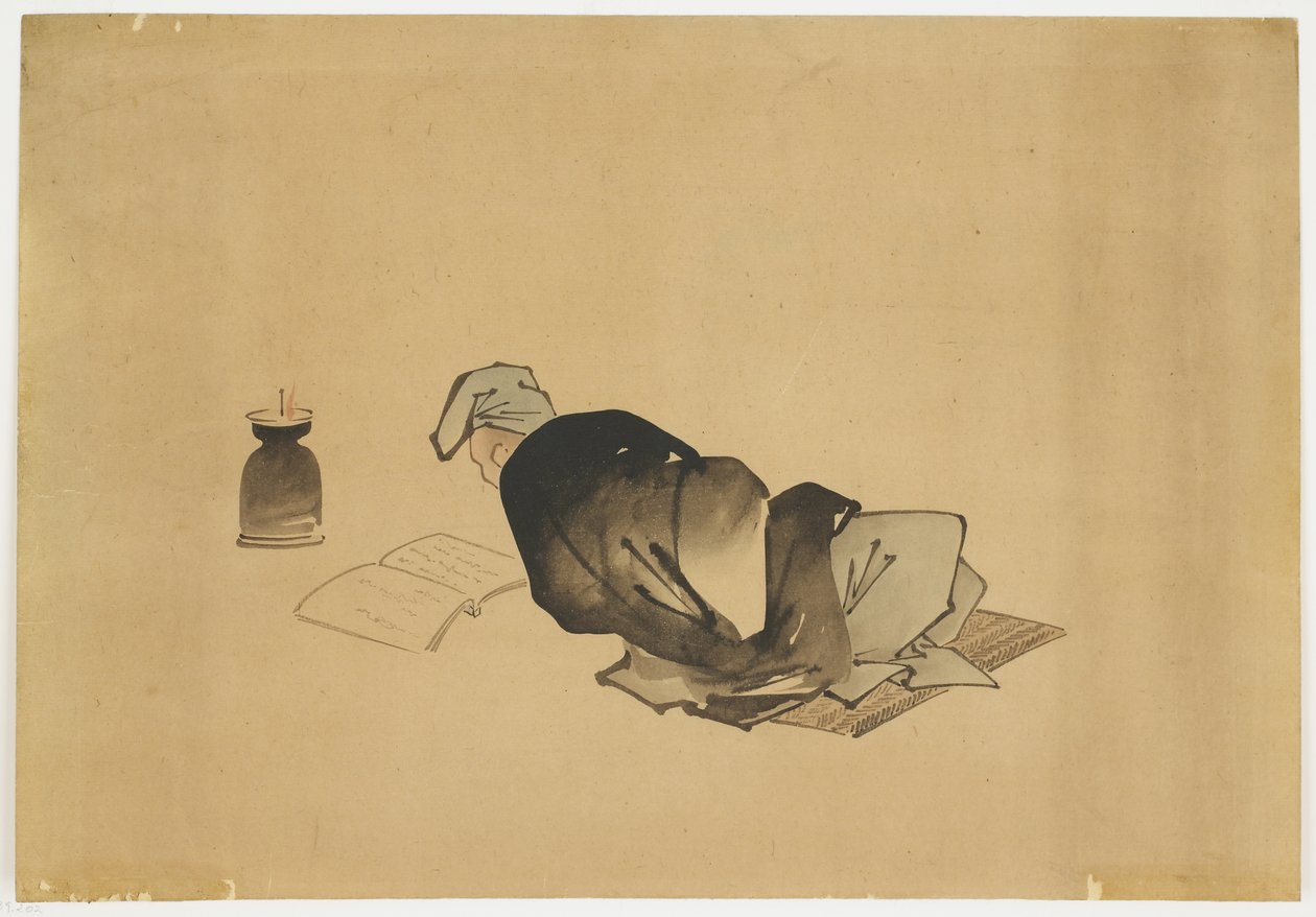 Leżący mężczyzna czytający przy świetle lampy, ca. 1850 (tusz i kolor na papierze) autorstwa Katsushika (school of) Hokusai