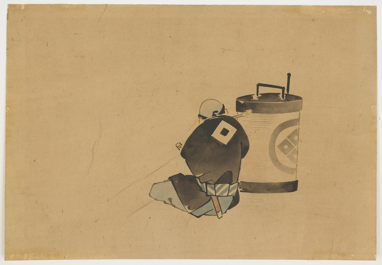 Siedzący asystent palący przy lampie, ca. 1850 (tusz i kolor na papierze) autorstwa Katsushika (school of) Hokusai