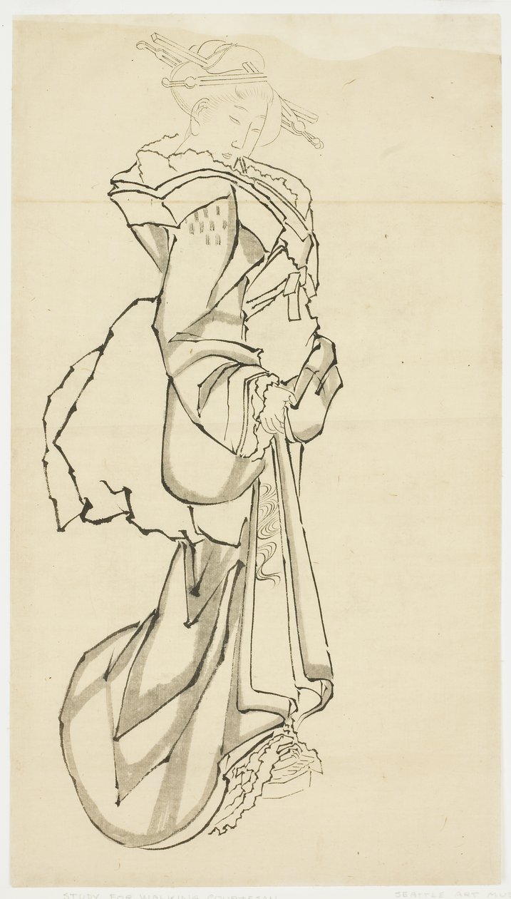 Chodząca kurtyzana (badanie), ok. 1815-1849 (tusz na papierze) autorstwa Katsushika (school of) Hokusai