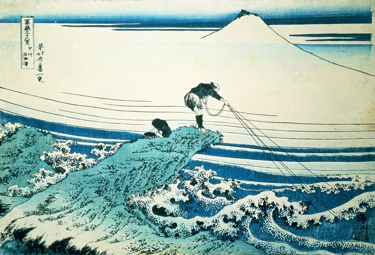 „Rybak stojący na skalistym cyplu w Kajikazawie w prowincji Kai”, z cyklu „36 widoków na górę Fuji”, wyd. ok. 1830-31, autorstwa Katsushika Hokusai