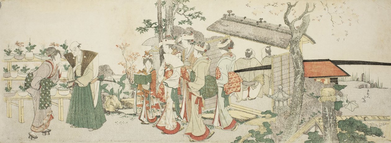 Grupa młodych kobiet wchodzących do ogrodu ogrodnika autorstwa Katsushika Hokusai