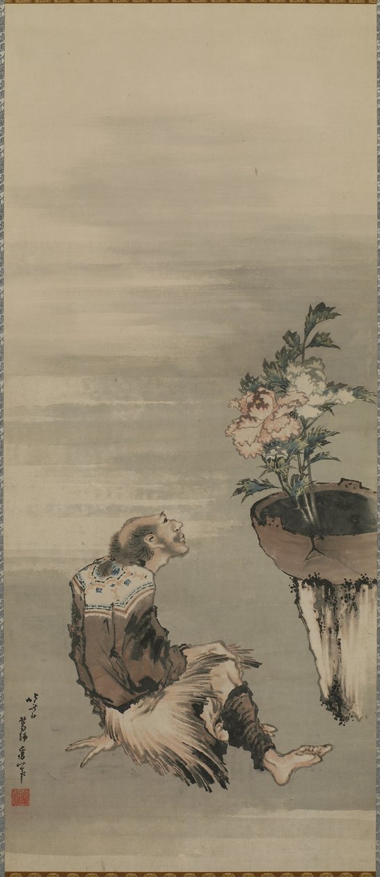 Siedzący mężczyzna patrzący na piwonie doniczkowe, okres Edo (tusz i kolor na papierze) autorstwa Katsushika Hokusai