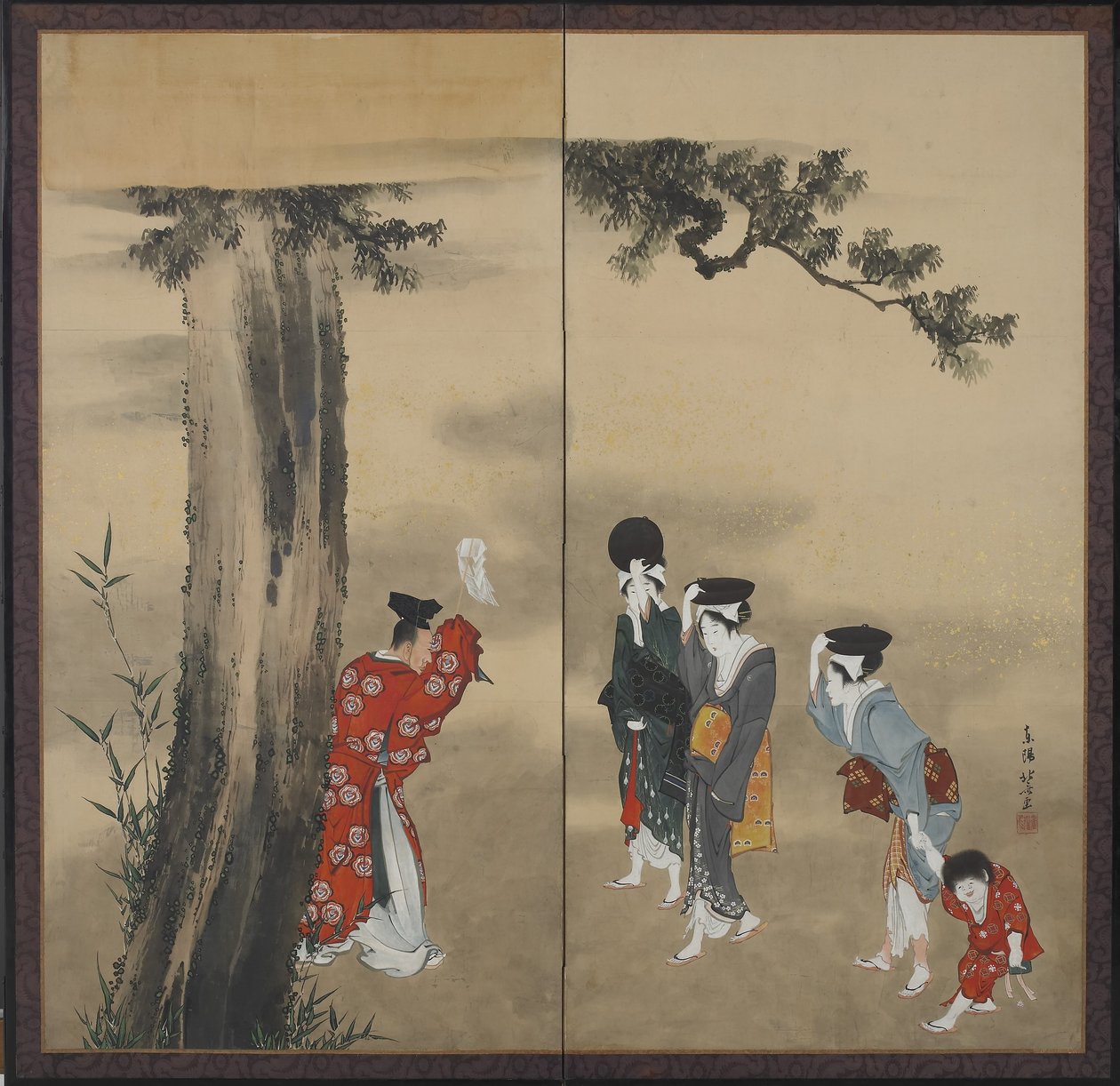 Kapłan Shinto, trzy kobiety i dziecko autorstwa Katsushika Hokusai