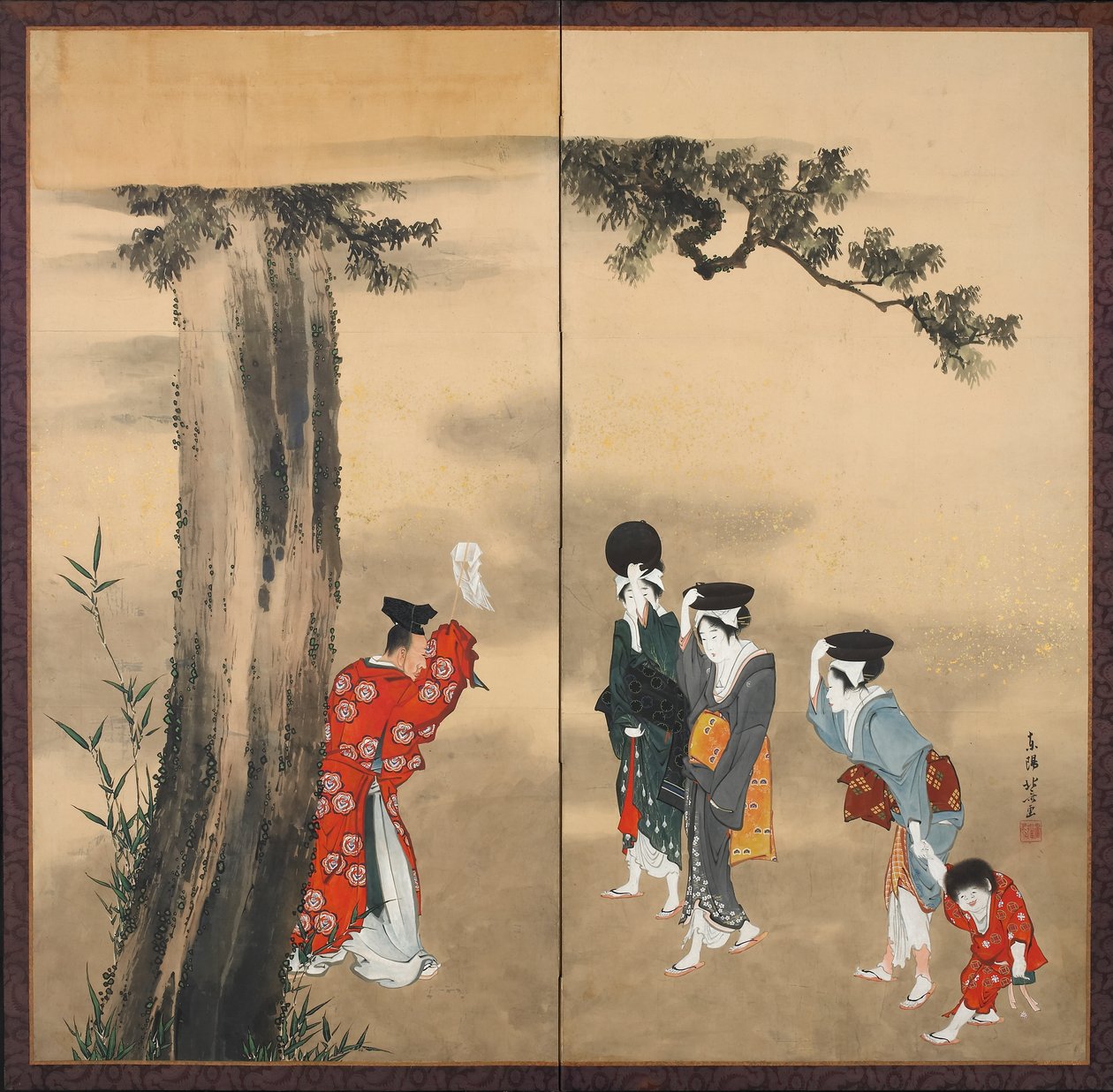 Kapłan szintoistyczny, trzy kobiety i dziecko, okres Edo, ok. 1799 (tusz, złoto i kolor na papierze) autorstwa Katsushika Hokusai