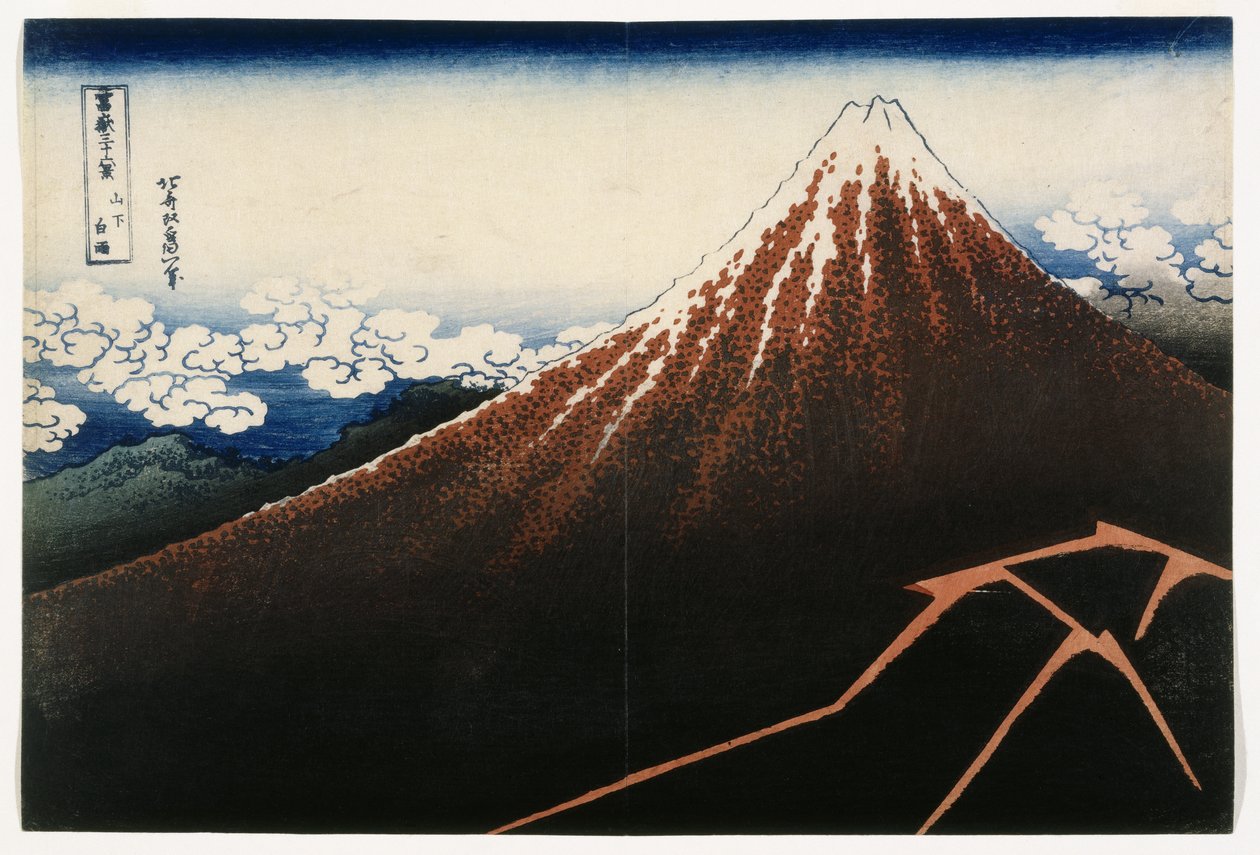 Prysznic pod szczytem, z cyklu Trzydzieści sześć widoków góry Fuji (Fugaku sanjurokkei), ok. 1823 (drewnodruk) autorstwa Katsushika Hokusai