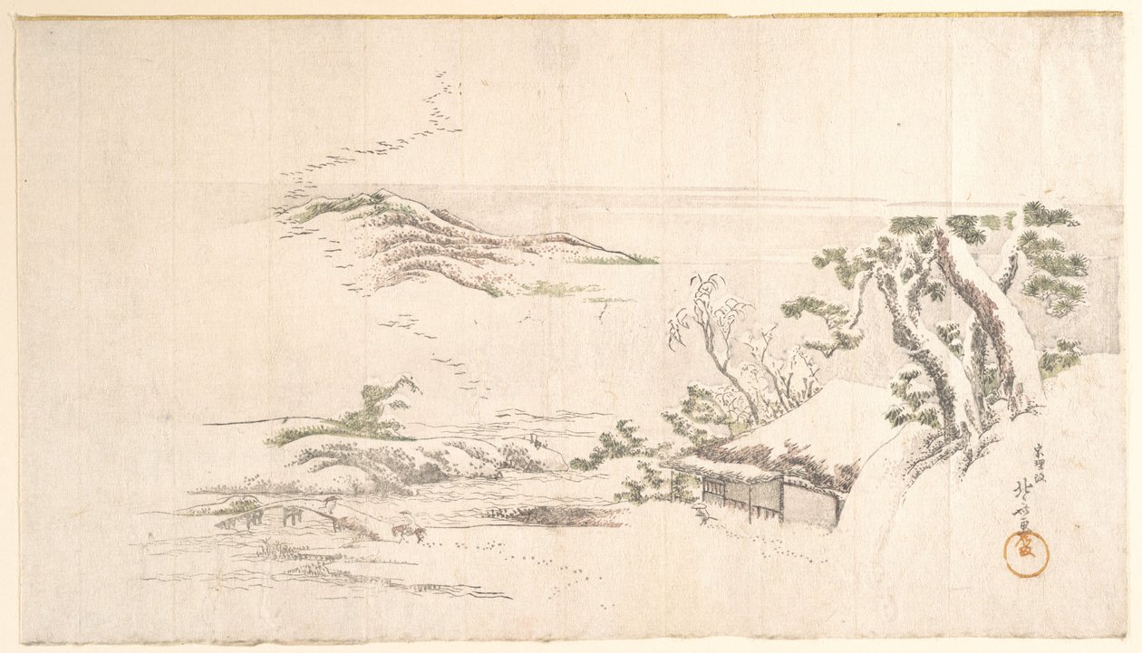 Pokryty śniegiem krajobraz z szarymi chmurami autorstwa Katsushika Hokusai