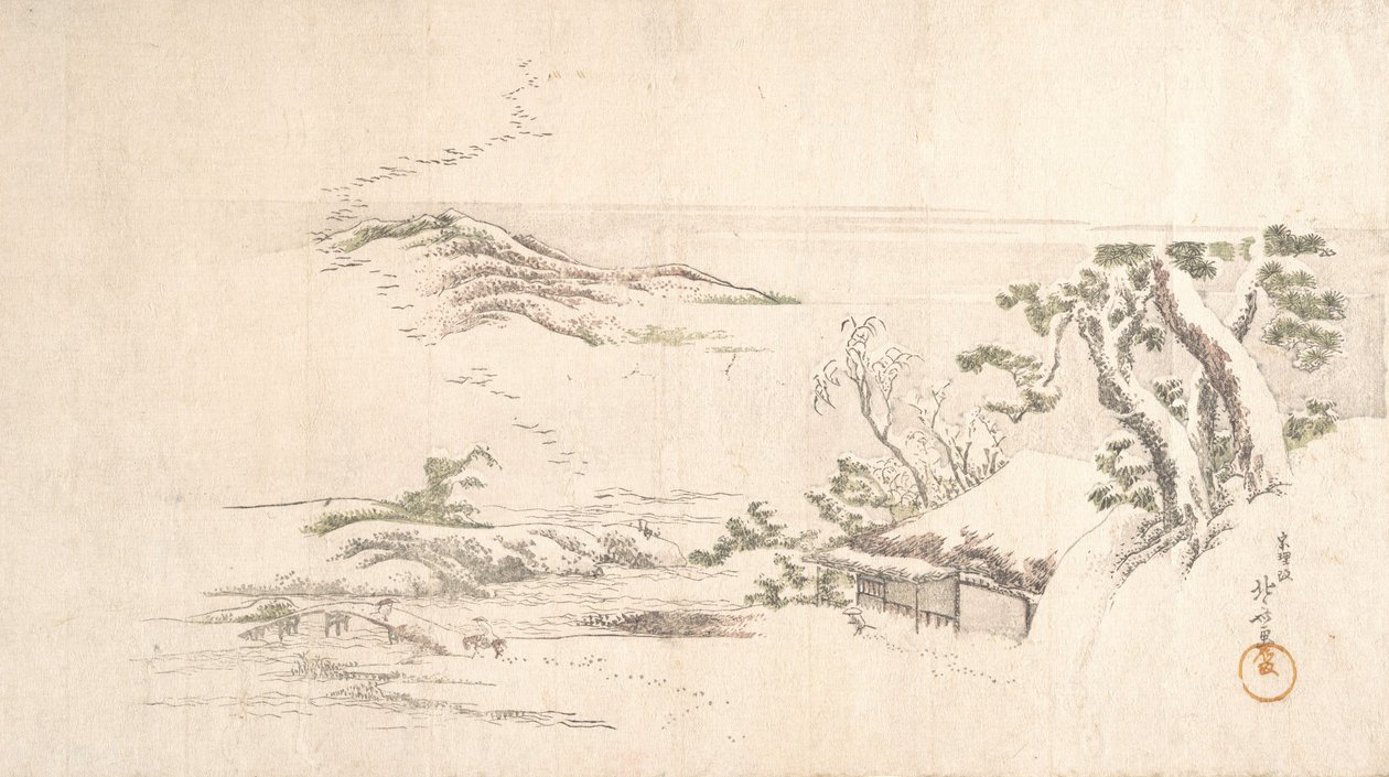 Śnieżny krajobraz z szarymi chmurami, ca. 1800. autorstwa Katsushika Hokusai