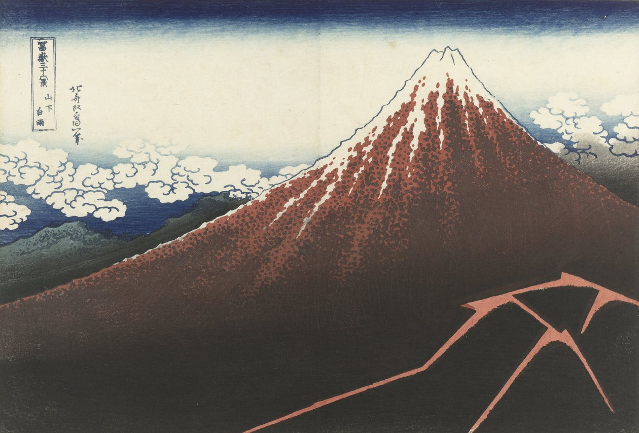 Burza pod szczytem, ok. 1830 (drewnodruk) autorstwa Katsushika Hokusai