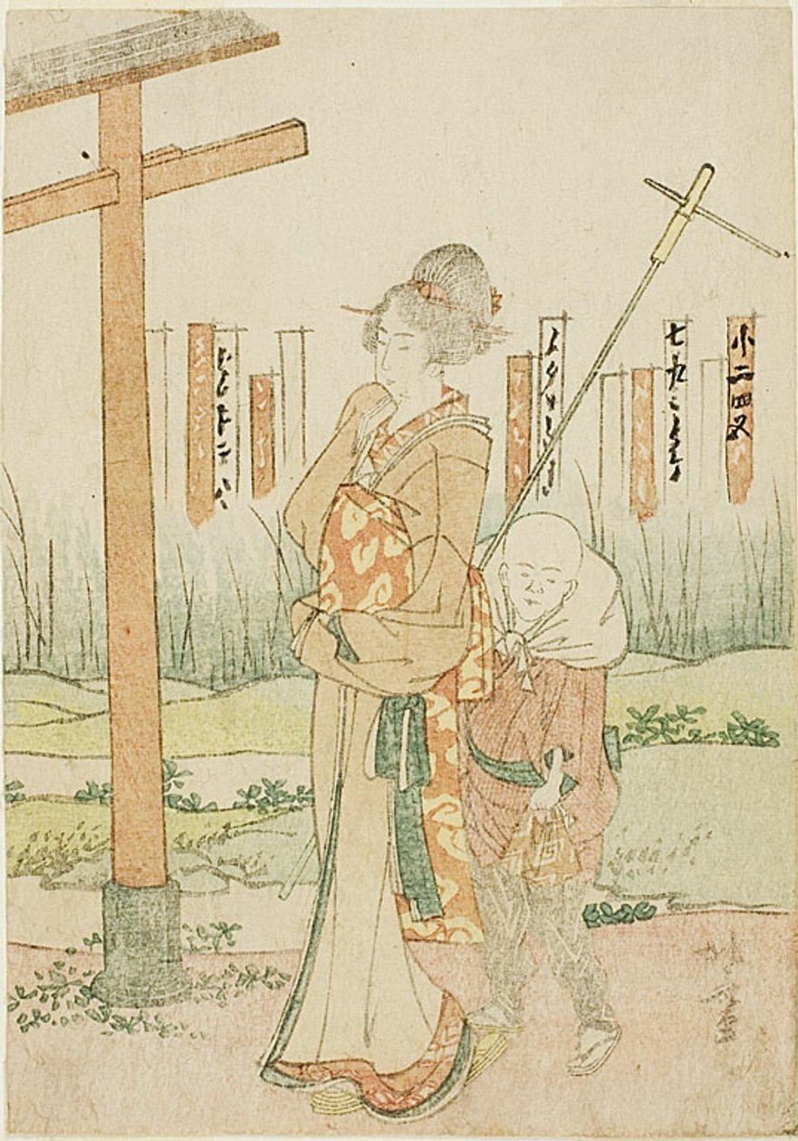 Kobieta i chłopiec w świątyni autorstwa Katsushika Hokusai