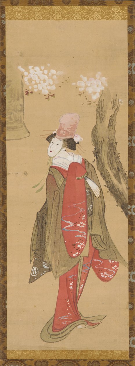 Tancerka Kiyohime, wiśnia i dzwon Dojo-ji, koniec XVIII-początek XIX wieku. autorstwa Katsushika Hokusai