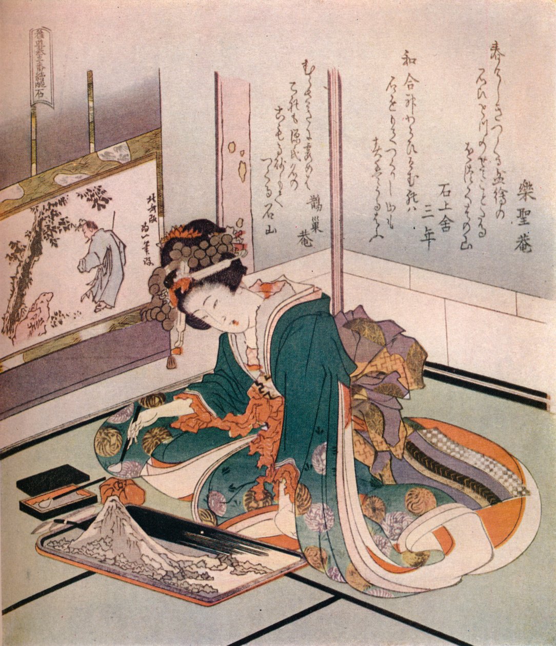 Kobieta wykonująca miniaturowy model góry Fuji, ok. 1823 r. autorstwa Katsushika Hokusai