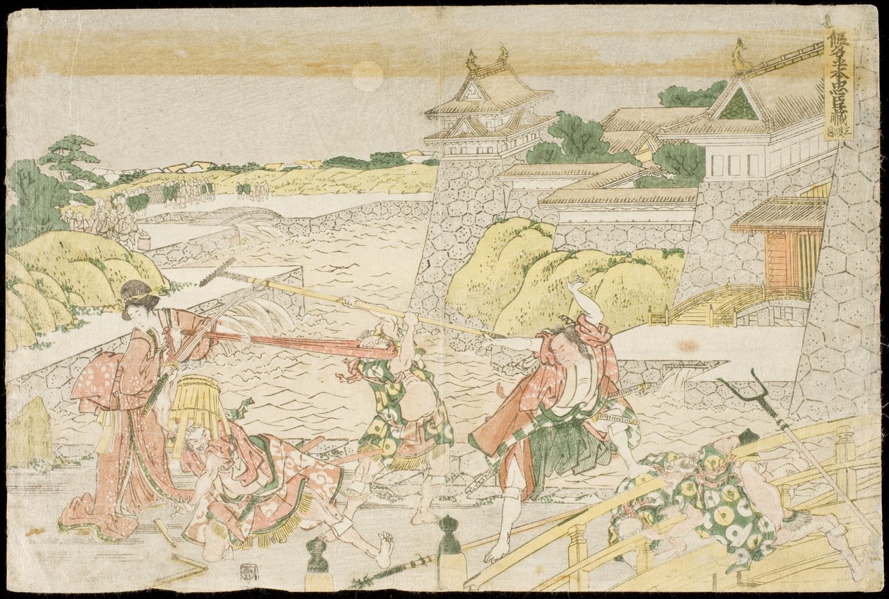 Akt III sztuki „Kanadehon Chūshingura”, czyli „Podręcznik kana do Skarbu lojalnych wasali” autorstwa Katsushika Hokusai